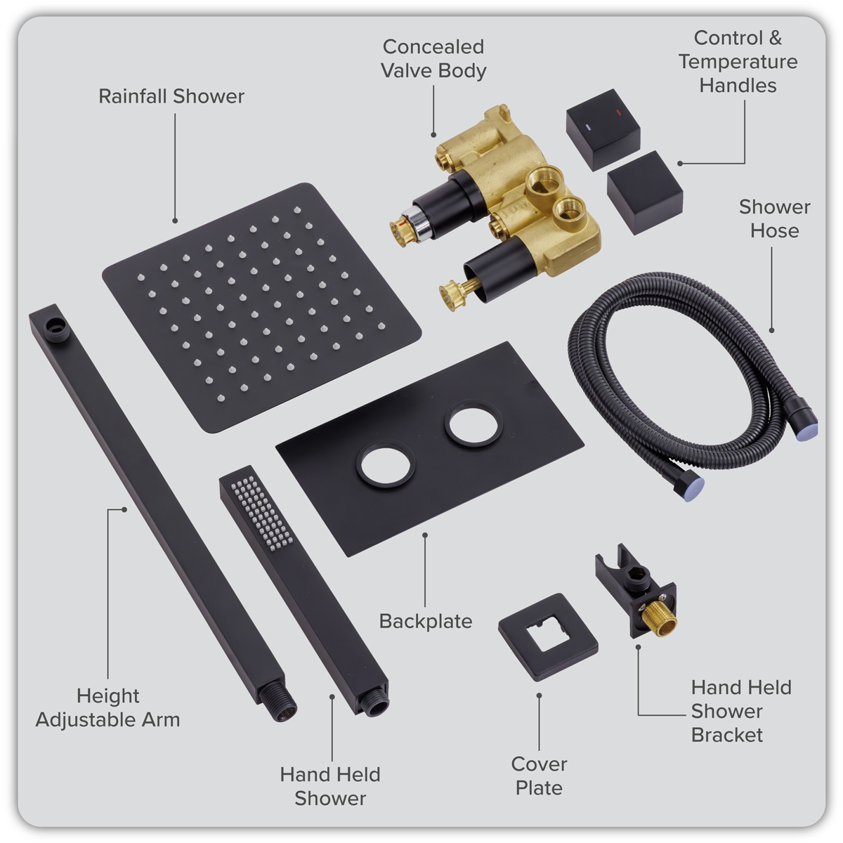 Concealed Thermostatic Shower Set 20 x 20cm Square Head & Hand Shower - Black DH321