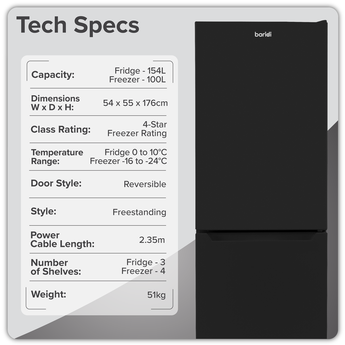 50/50 Smart Frost Fridge Freezer 254L Capacity – Black DH329