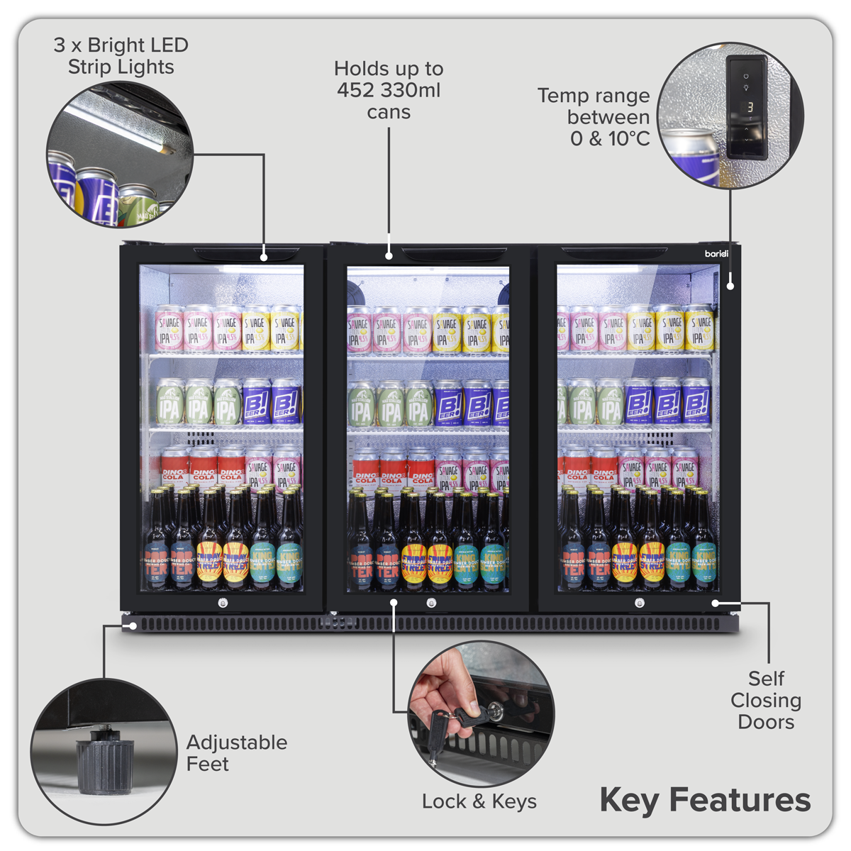 Hinged Triple Door, Back Bar Drinks Fridge/Cooler, 307L Capacity, 452 Cans – Black DH336