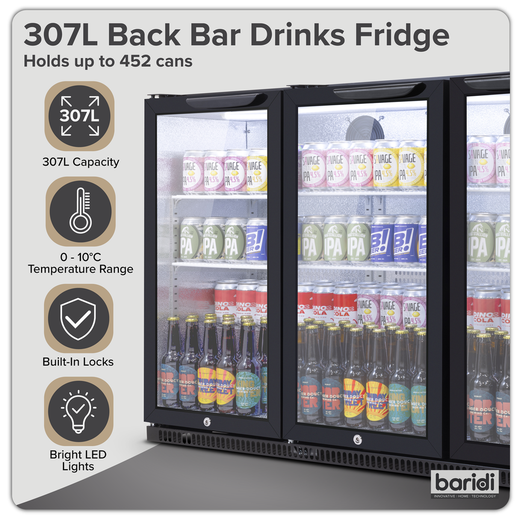 Hinged Triple Door, Back Bar Drinks Fridge/Cooler, 307L Capacity, 452 Cans – Black DH336