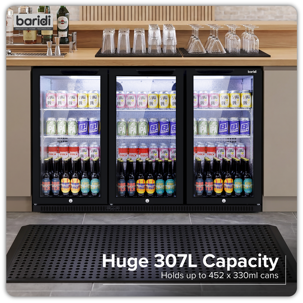 Hinged Triple Door, Back Bar Drinks Fridge/Cooler, 307L Capacity, 452 Cans – Black DH336