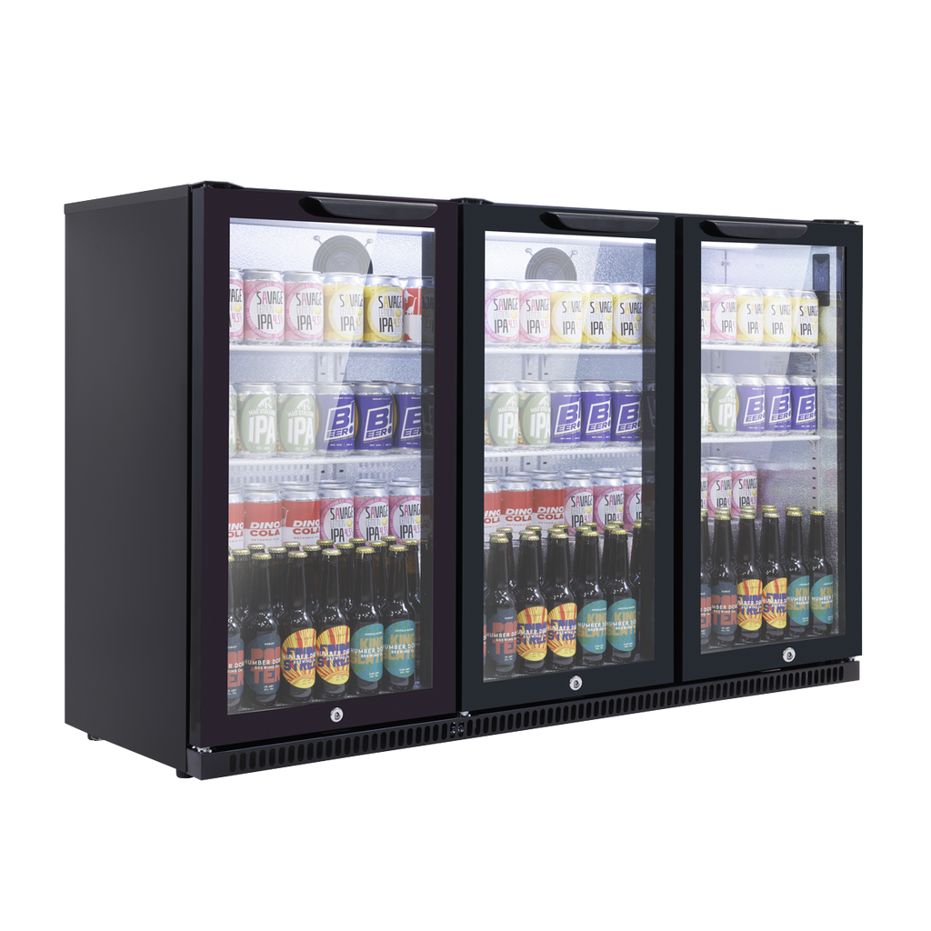 Hinged Triple Door, Back Bar Drinks Fridge/Cooler, 307L Capacity, 452 Cans – Black DH336