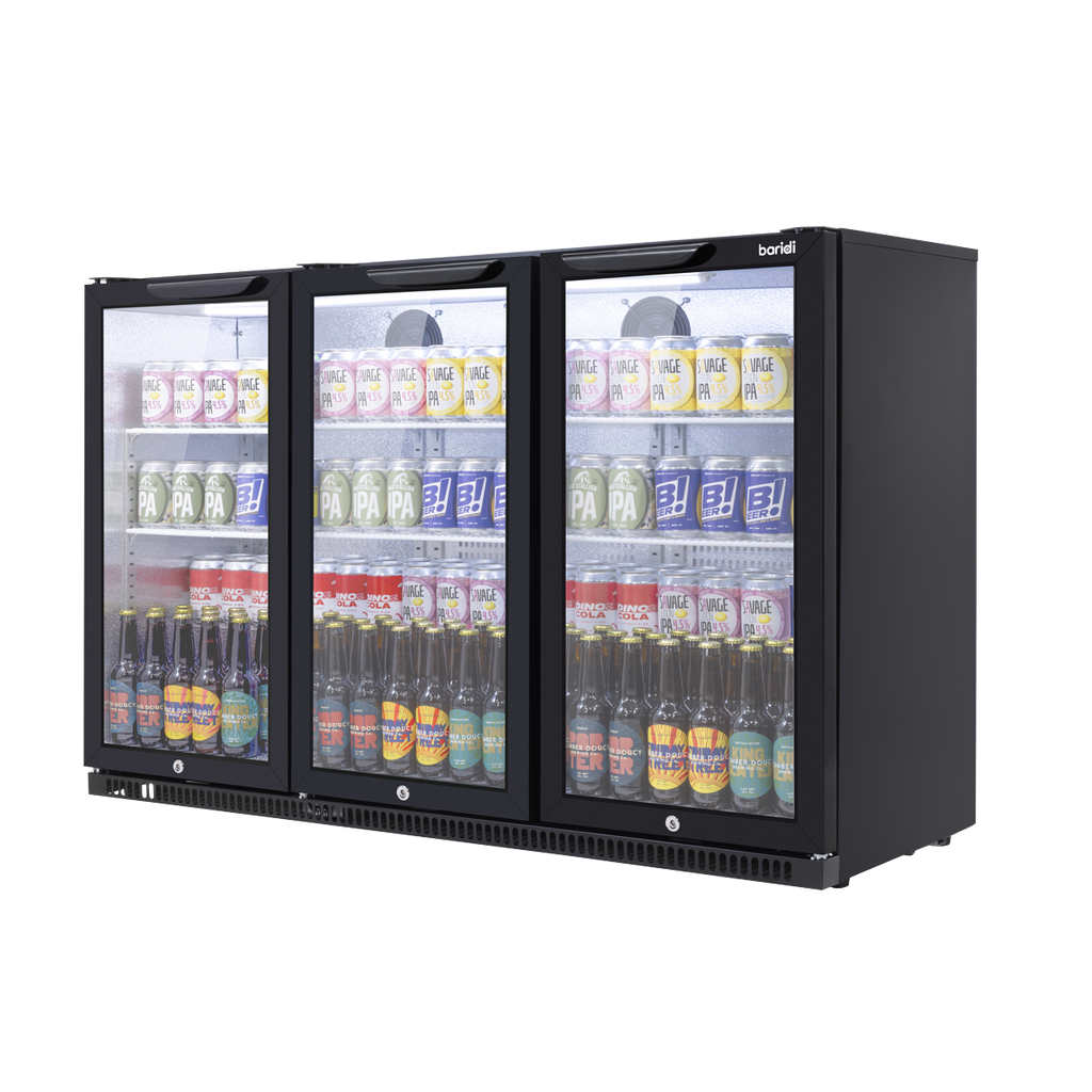 Hinged Triple Door, Back Bar Drinks Fridge/Cooler, 307L Capacity, 452 Cans – Black DH336