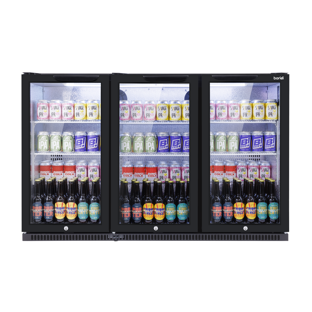 Hinged Triple Door, Back Bar Drinks Fridge/Cooler, 307L Capacity, 452 Cans – Black DH336