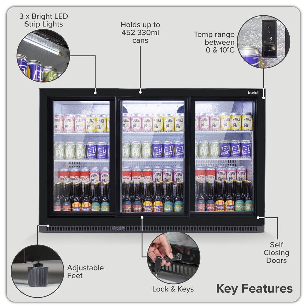 Sliding Triple Door, Back Bar Drinks Fridge/Cooler, 307L Capacity, 452 Cans – Black DH337