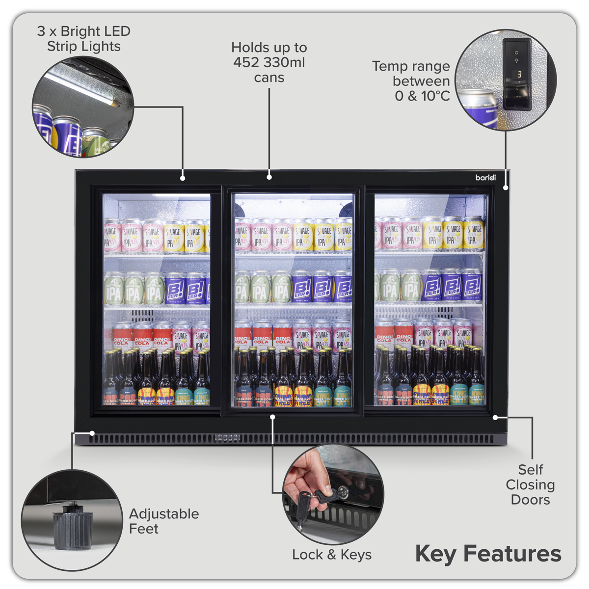 Sliding Triple Door, Back Bar Drinks Fridge/Cooler, 307L Capacity, 452 Cans – Black DH337