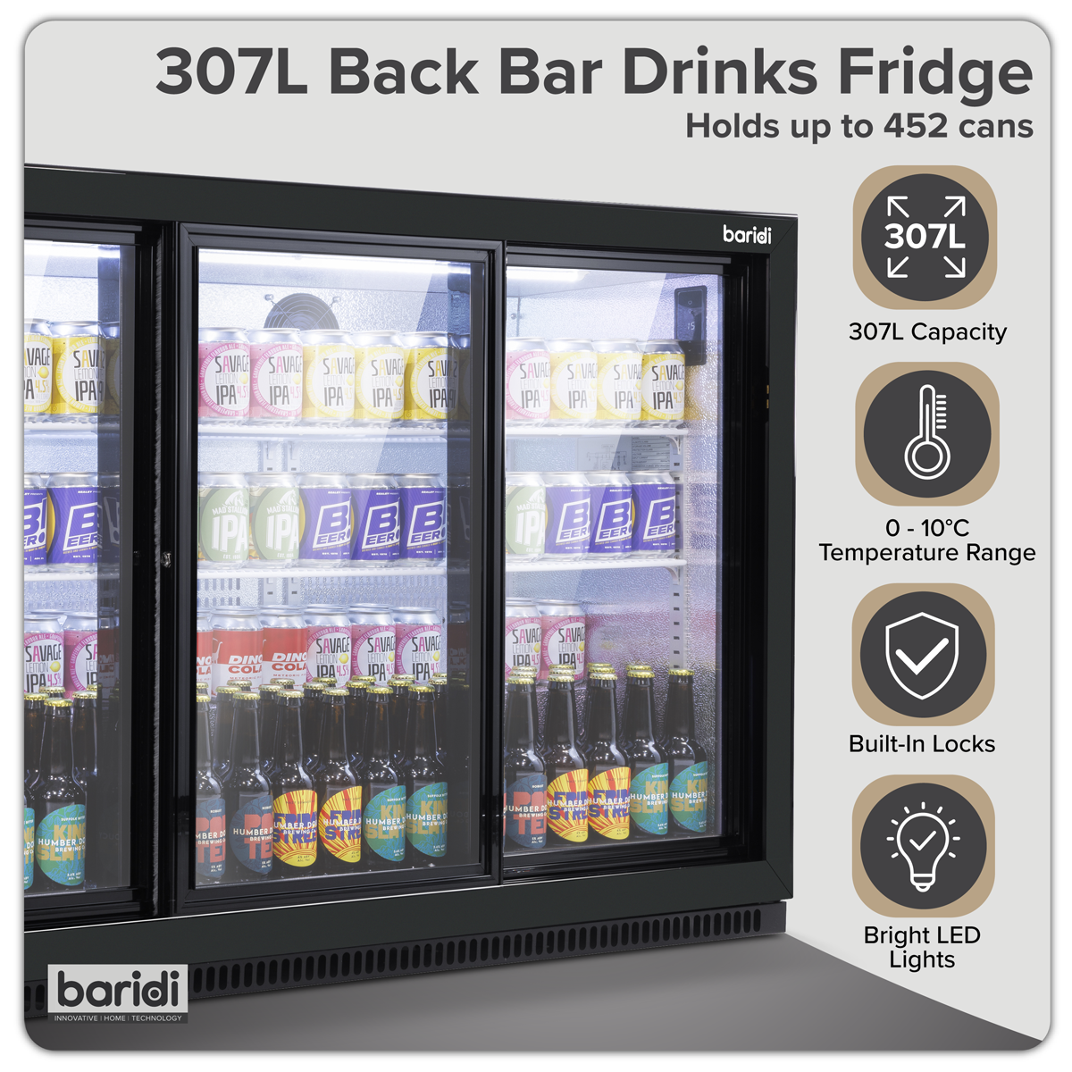 Sliding Triple Door, Back Bar Drinks Fridge/Cooler, 307L Capacity, 452 Cans – Black DH337