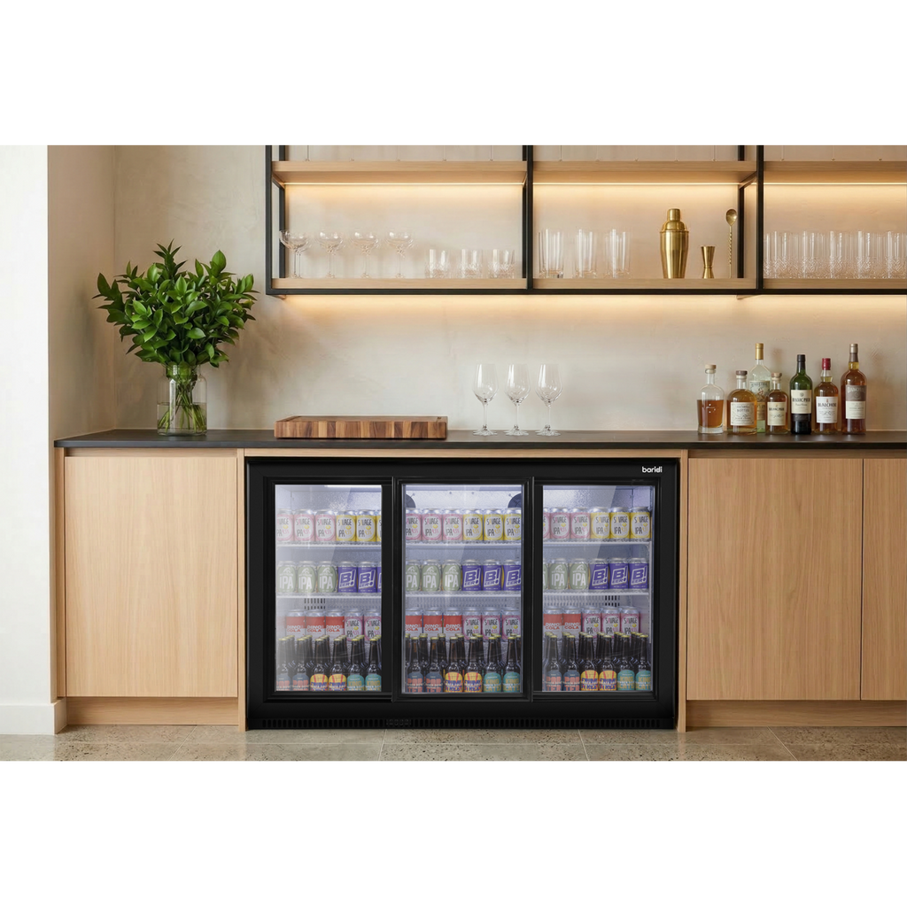 Sliding Triple Door, Back Bar Drinks Fridge/Cooler, 307L Capacity, 452 Cans – Black DH337