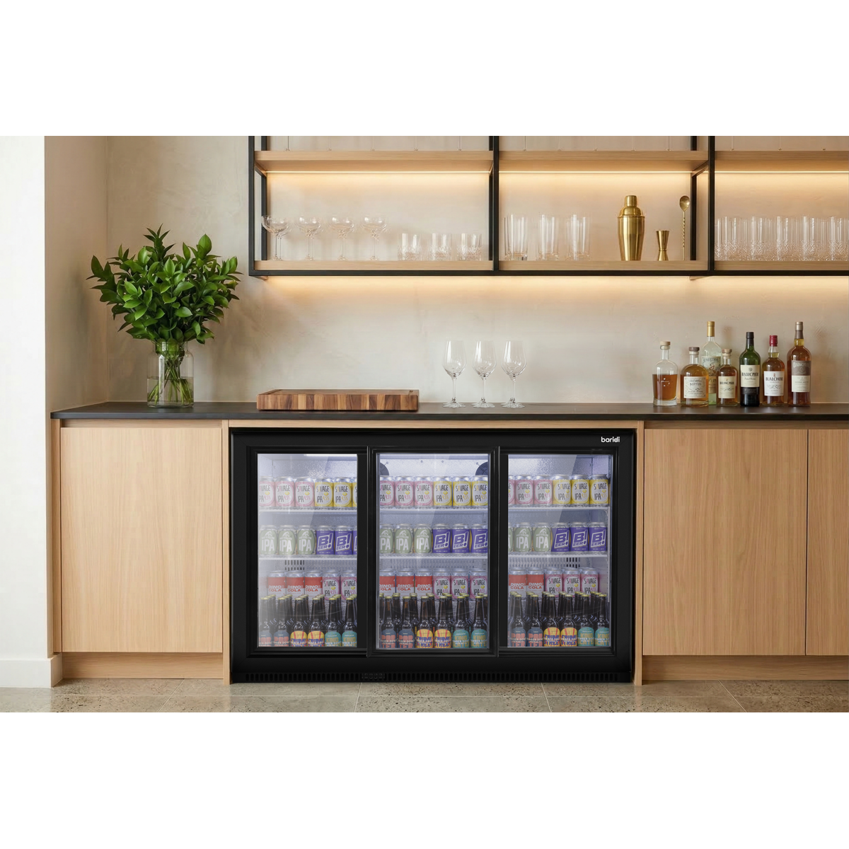 Sliding Triple Door, Back Bar Drinks Fridge/Cooler, 307L Capacity, 452 Cans – Black DH337