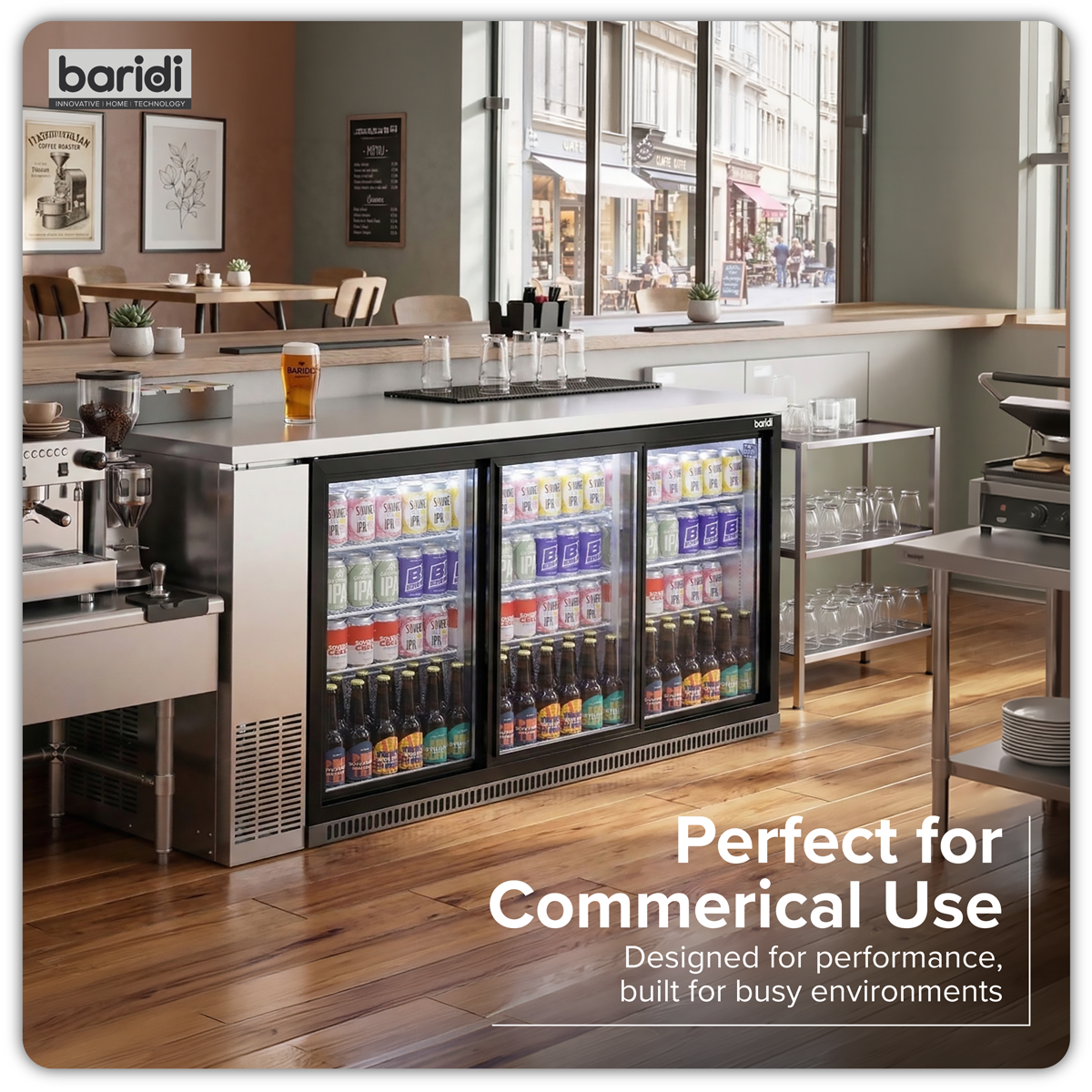 Back Bar Drinks Fridge/Cooler with Triple Sliding Door & Security Lock 307L - Black DH337