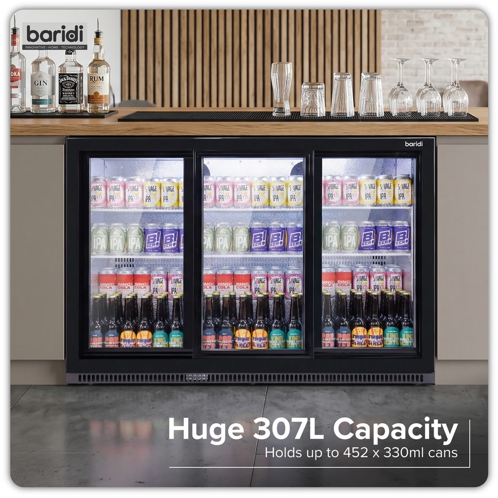 Sliding Triple Door, Back Bar Drinks Fridge/Cooler, 307L Capacity, 452 Cans – Black DH337