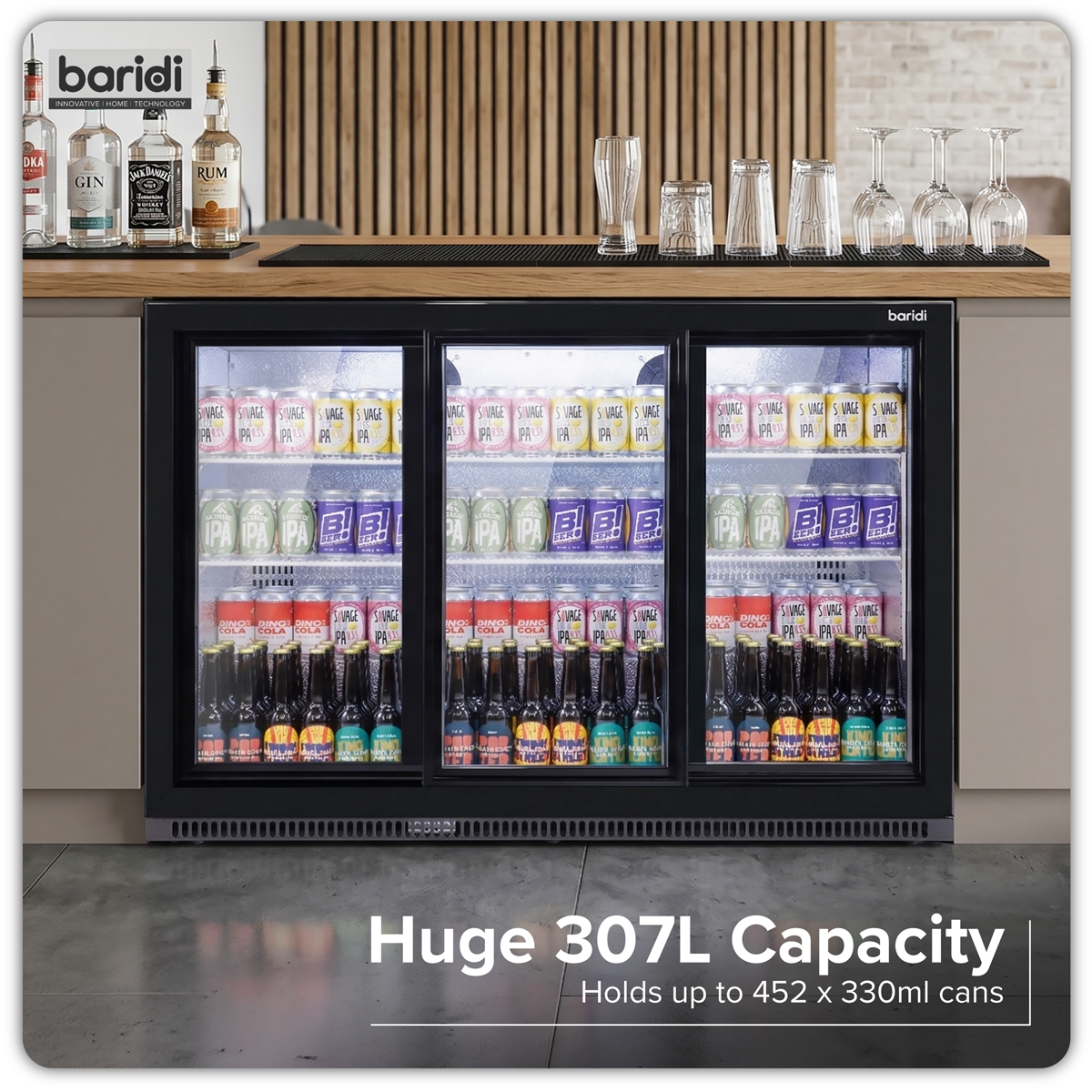 Sliding Triple Door, Back Bar Drinks Fridge/Cooler, 307L Capacity, 452 Cans – Black DH337