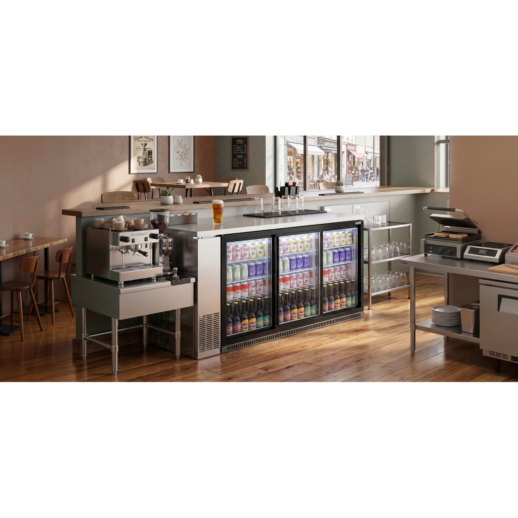 Sliding Triple Door, Back Bar Drinks Fridge/Cooler, 307L Capacity, 452 Cans – Black DH337