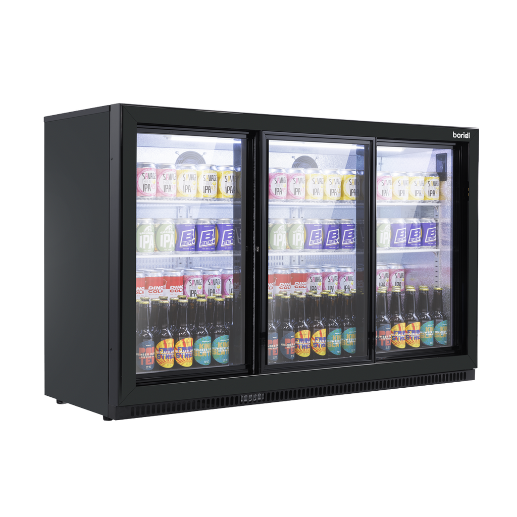 Back Bar Drinks Fridge/Cooler with Triple Sliding Door & Security Lock 307L - Black DH337