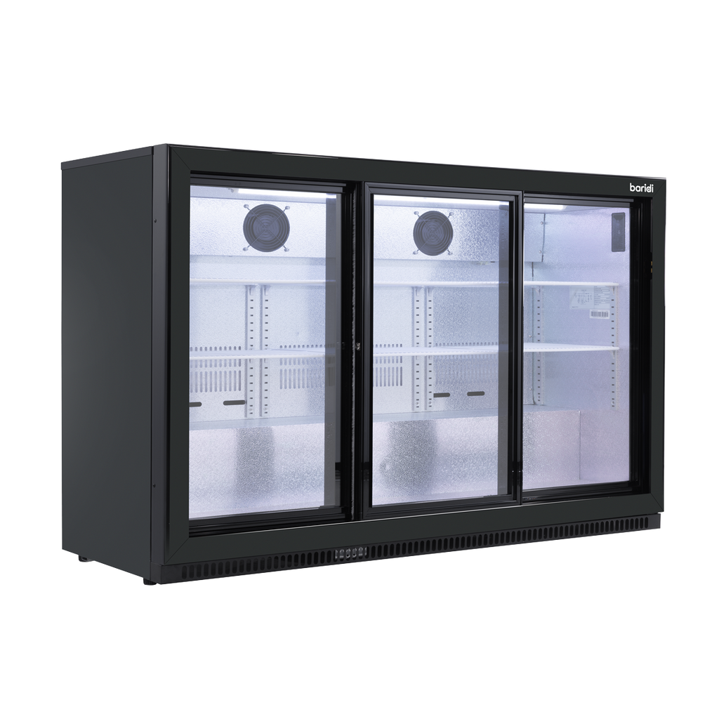 Sliding Triple Door, Back Bar Drinks Fridge/Cooler, 307L Capacity, 452 Cans – Black DH337