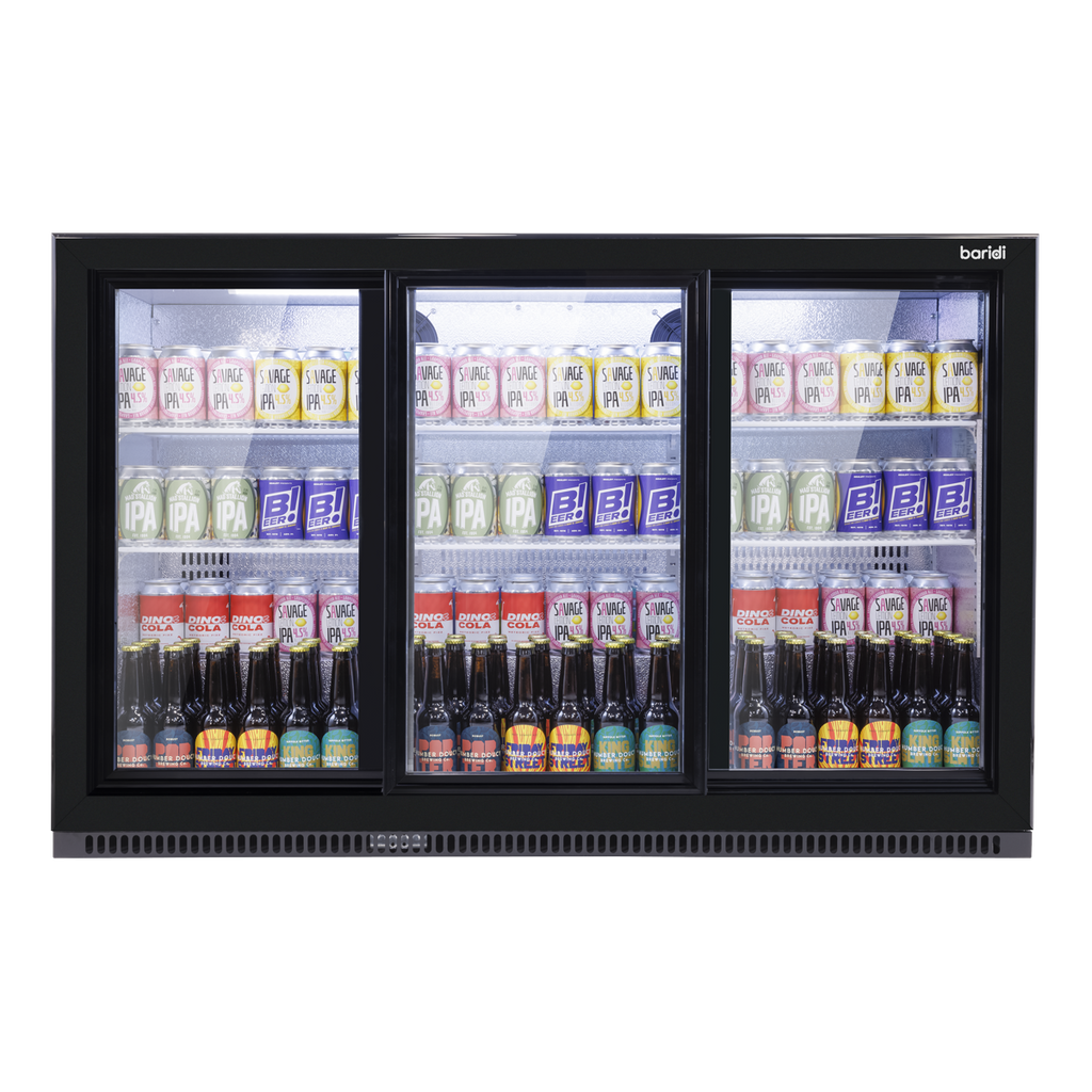 Sliding Triple Door, Back Bar Drinks Fridge/Cooler, 307L Capacity, 452 Cans – Black DH337