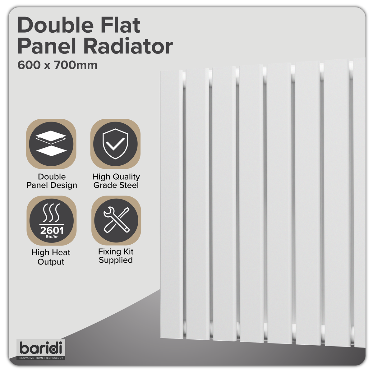 Horizontal Radiator Contemporary Double Flat Panel Design 600 x 700mm - White DH350
