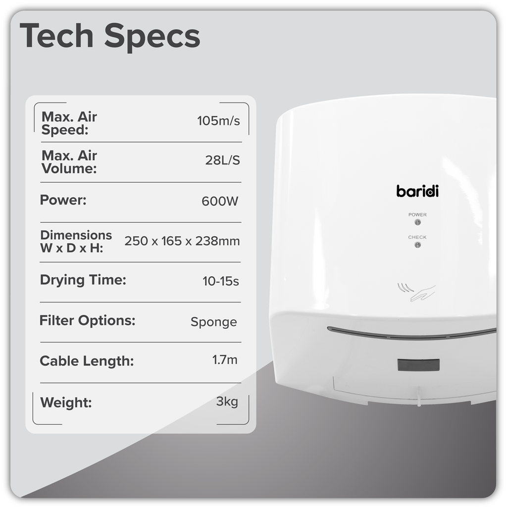 High Speed Hand Dryer with Auto-Sensor 1400-1650W - White DH378