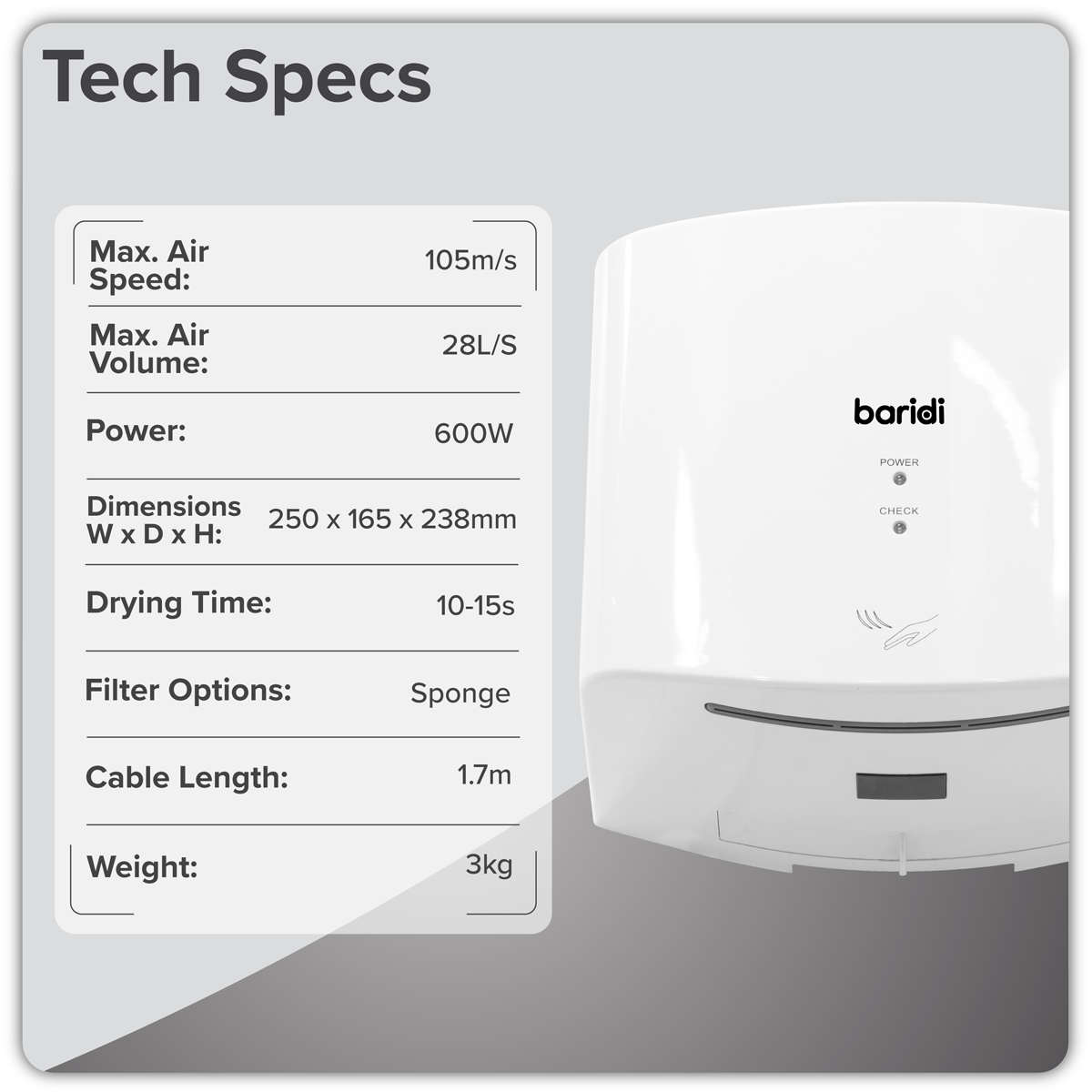 High Speed Hand Dryer with Auto-Sensor 1400-1650W - White DH378