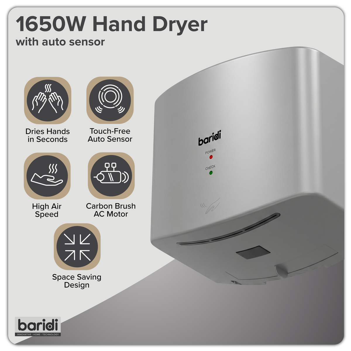 High Speed Hand Dryer with Auto-Sensor 1400-1650W - Silver DH379