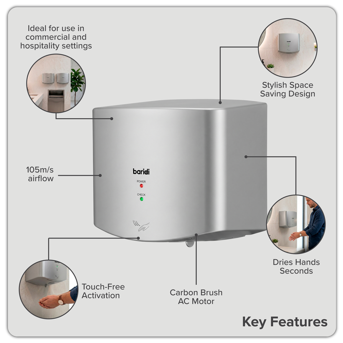 High Speed Hand Dryer with Auto-Sensor 1400-1650W - Silver DH379