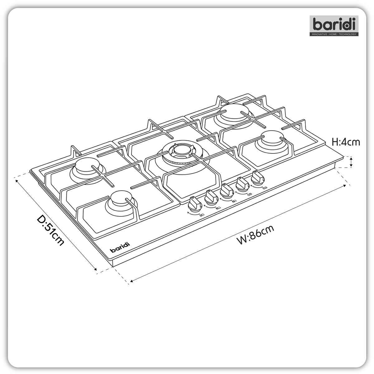 90cm Gas Hob Stainless Steel with 5 Burners, Cast Iron Supports & Auto Ignition 11kW DH382