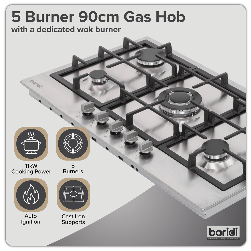 90cm Gas Hob Stainless Steel with 5 Burners, Cast Iron Supports & Auto Ignition 11kW DH382