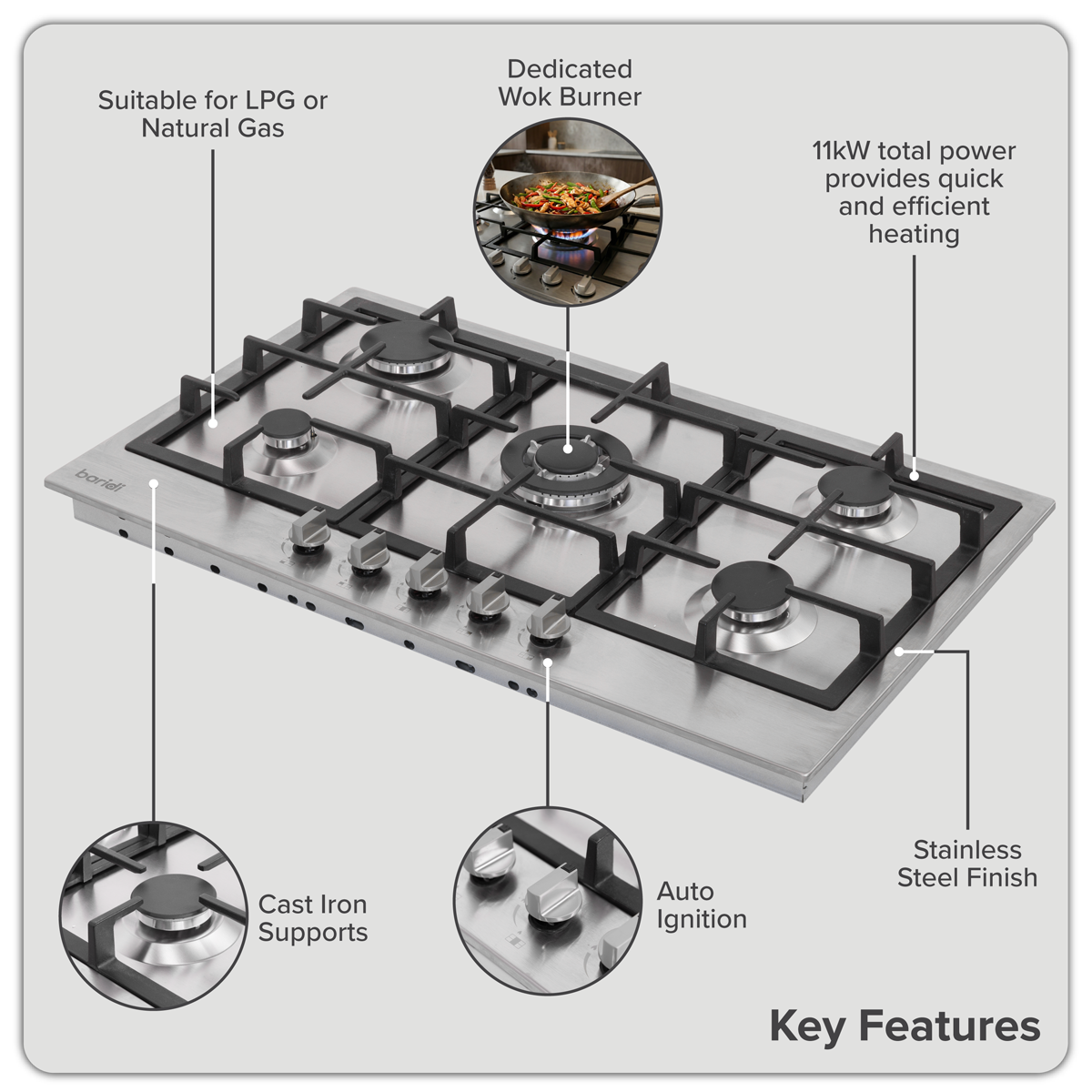 90cm Gas Hob Stainless Steel with 5 Burners, Cast Iron Supports & Auto Ignition 11kW DH382