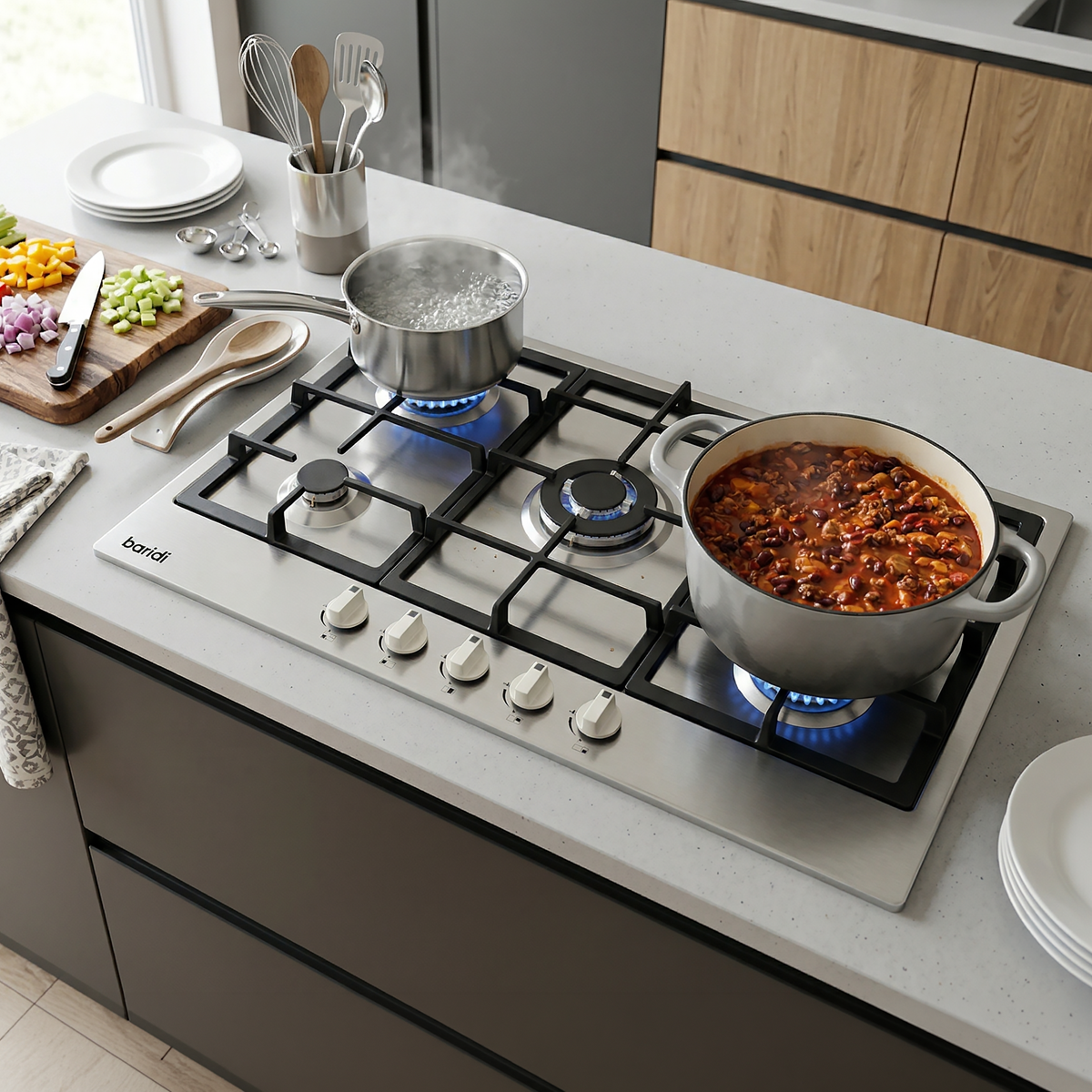 90cm Gas Hob Stainless Steel with 5 Burners, Cast Iron Supports & Auto Ignition 11kW DH382