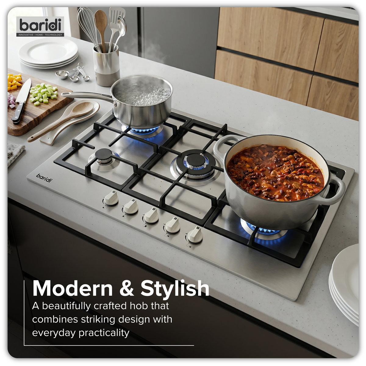 90cm Gas Hob Stainless Steel with 5 Burners, Cast Iron Supports & Auto Ignition 11kW DH382