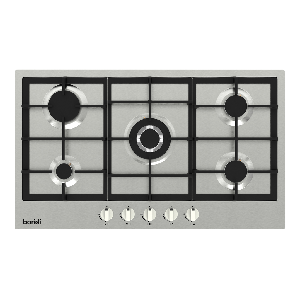 90cm Gas Hob Stainless Steel with 5 Burners, Cast Iron Supports & Auto Ignition 11kW DH382