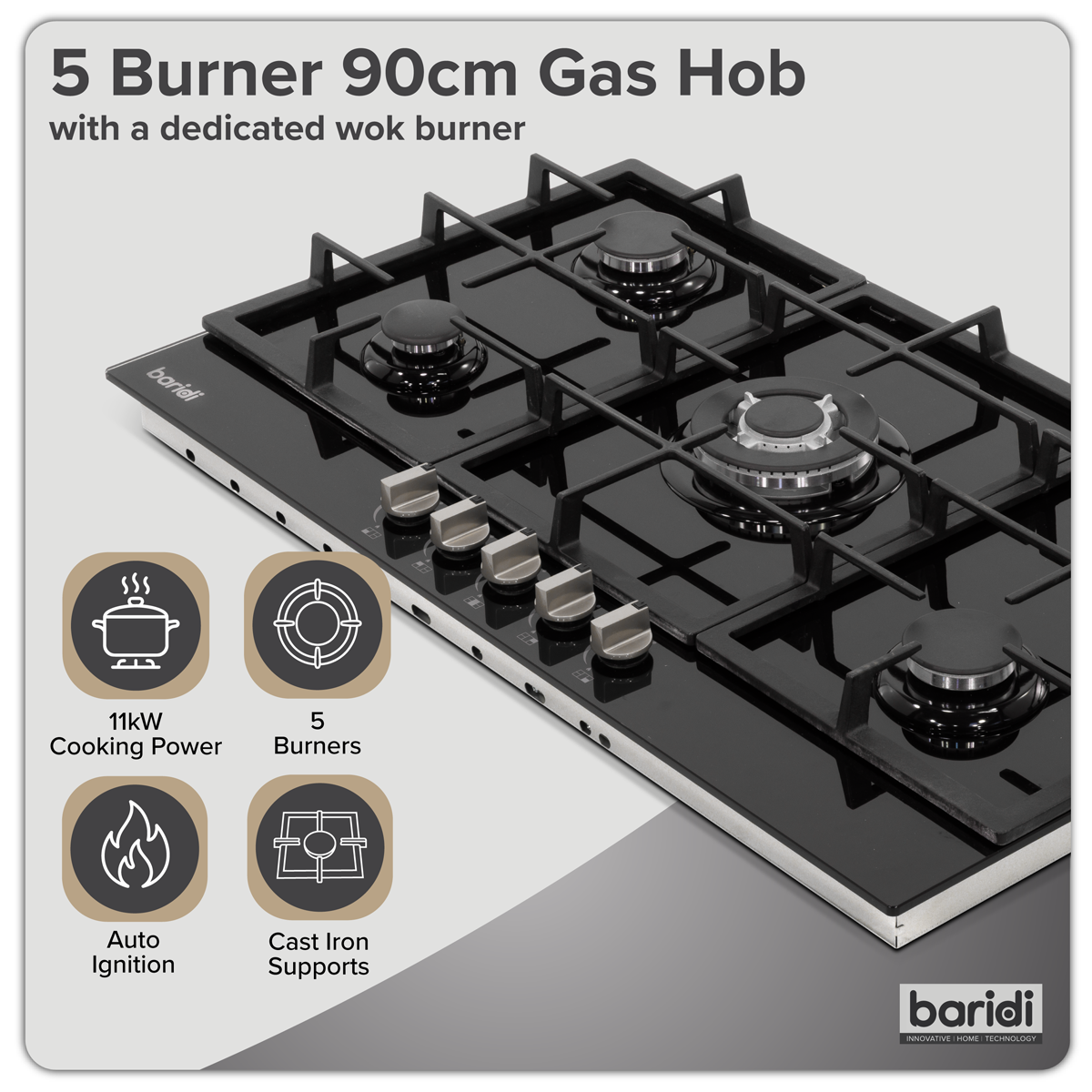 90cm Gas Hob Glass with 5 Burners, Cast Iron Supports & Auto Ignition 11kW DH383