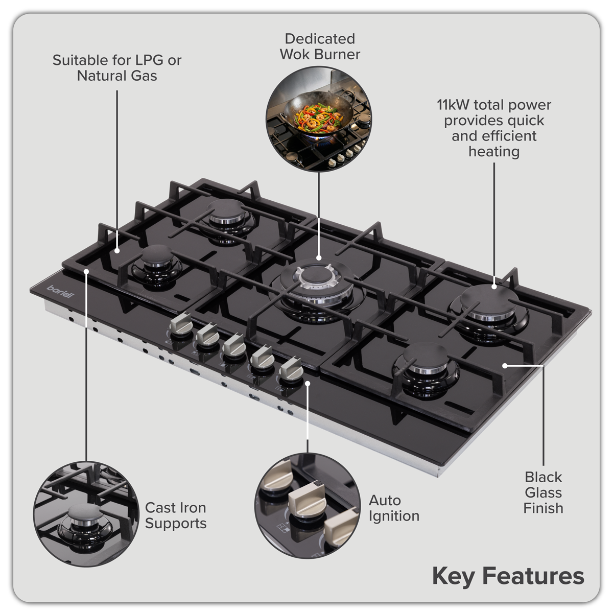 90cm Gas Hob Glass with 5 Burners, Cast Iron Supports & Auto Ignition 11kW DH383
