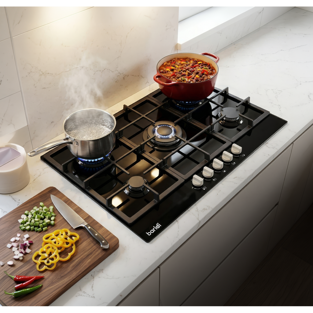 90cm Gas Hob Glass with 5 Burners, Cast Iron Supports & Auto Ignition 11kW DH383