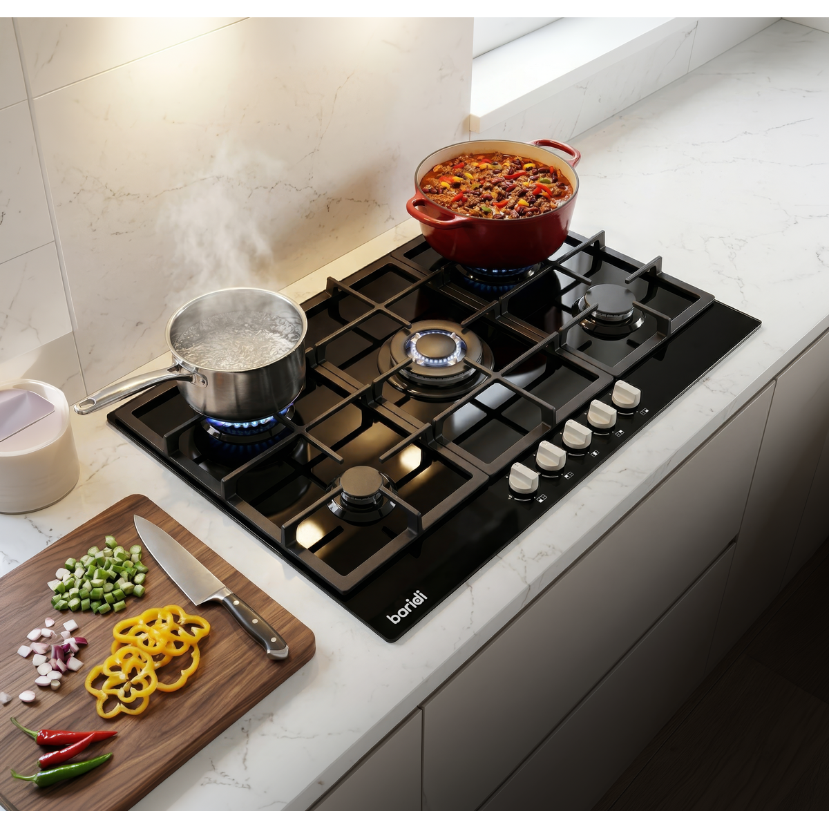 90cm Gas Hob Glass with 5 Burners, Cast Iron Supports & Auto Ignition 11kW DH383