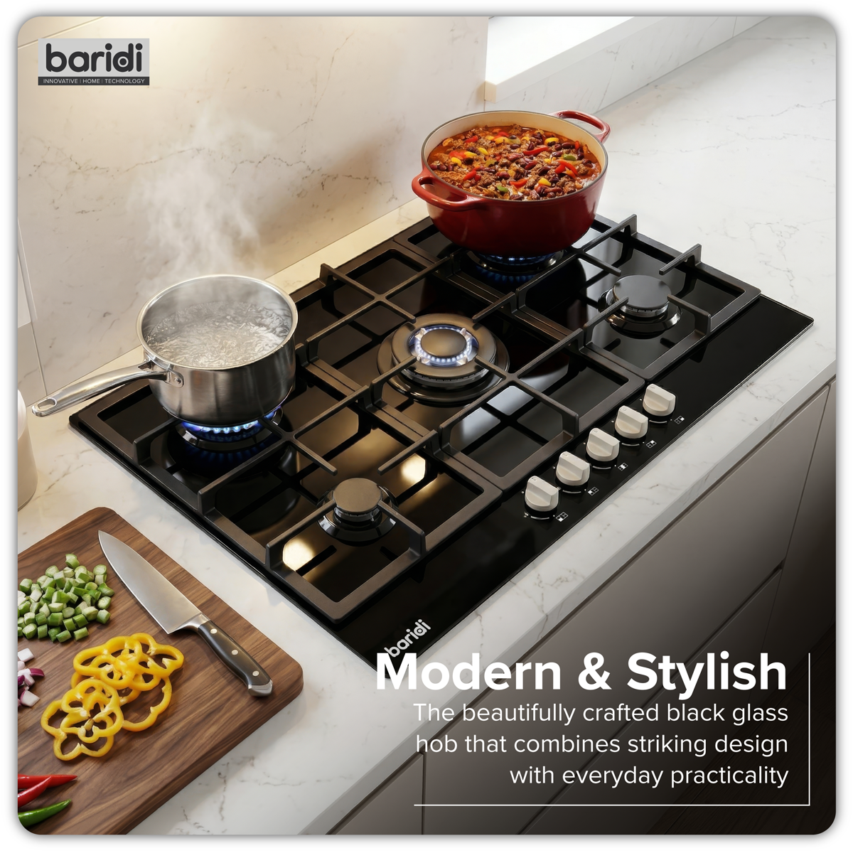 90cm Gas Hob Glass with 5 Burners, Cast Iron Supports & Auto Ignition 11kW DH383