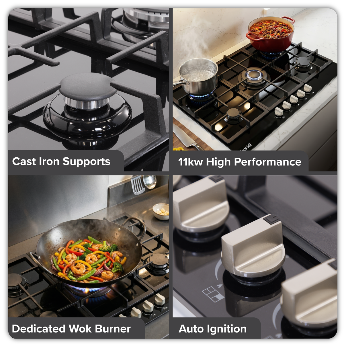 90cm Gas Hob Glass with 5 Burners, Cast Iron Supports & Auto Ignition 11kW DH383