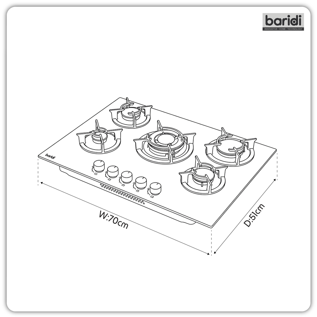 70cm Gas Hob Matt Black Glass with 5 Burners, Cast Iron Supports & Auto Ignition 10.4kW DH384