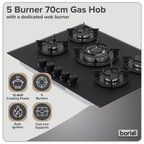 70cm Gas Hob Matt Black Glass with 5 Burners, Cast Iron Supports & Auto Ignition 10.4kW DH384