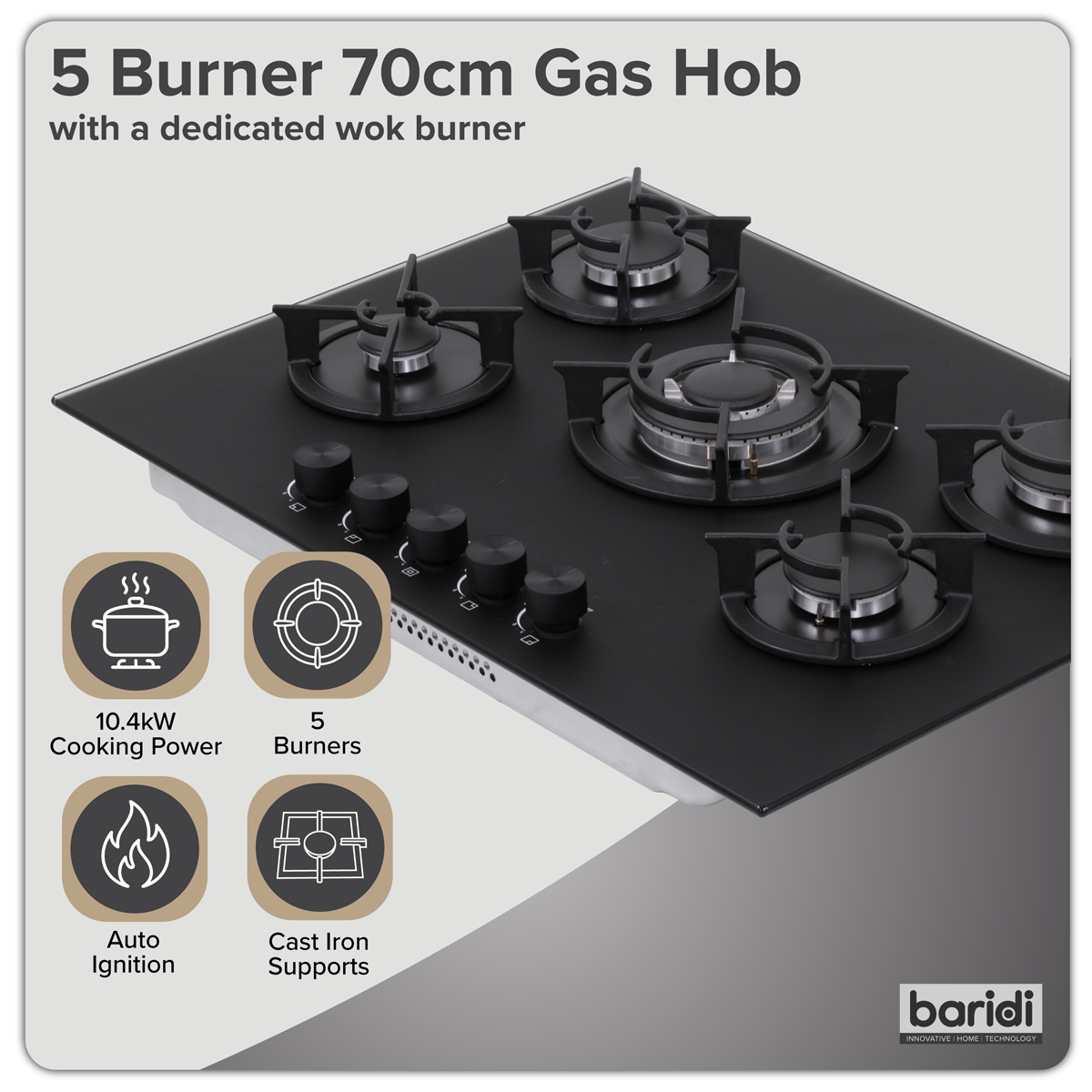 70cm Gas Hob Matt Black Glass with 5 Burners, Cast Iron Supports & Auto Ignition 10.4kW DH384