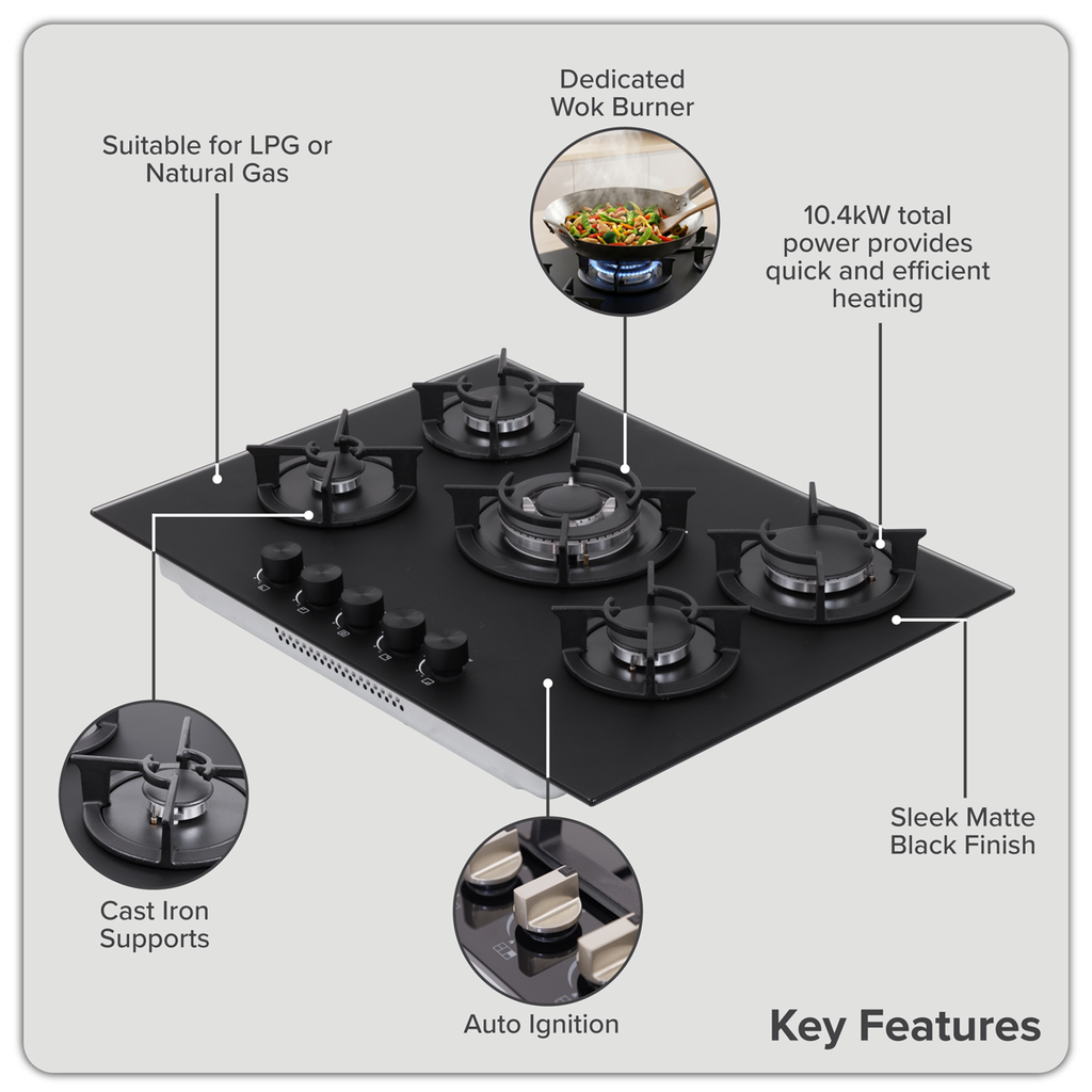 70cm Gas Hob Matt Black Glass with 5 Burners, Cast Iron Supports & Auto Ignition 10.4kW DH384