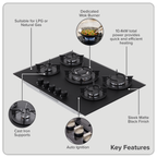 70cm Gas Hob Matt Black Glass with 5 Burners, Cast Iron Supports & Auto Ignition 10.4kW DH384