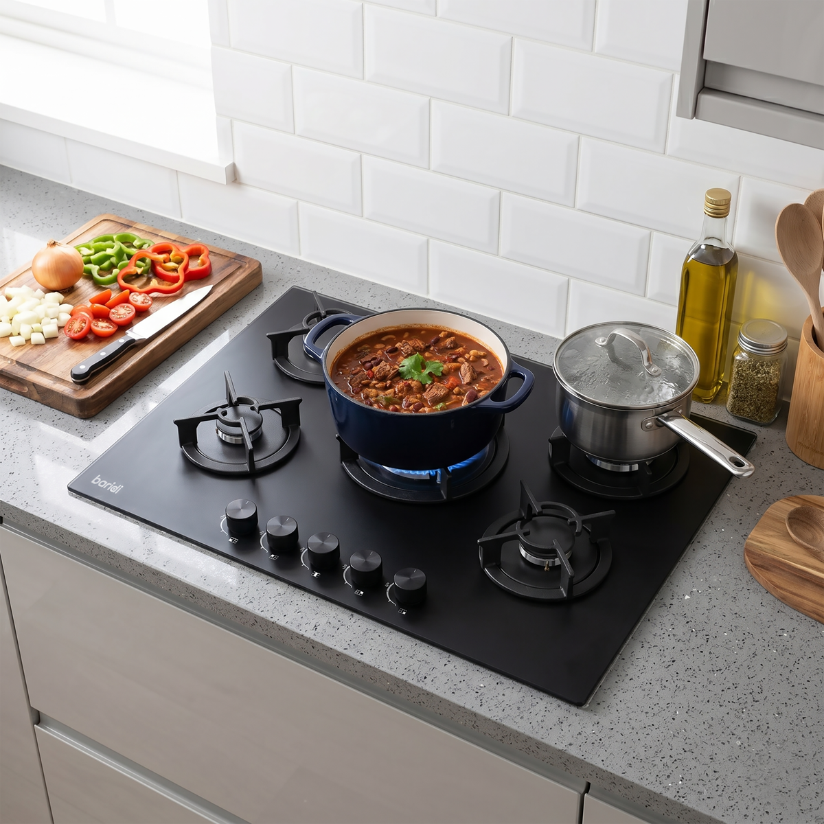 70cm Gas Hob Matt Black Glass with 5 Burners, Cast Iron Supports & Auto Ignition 10.4kW DH384