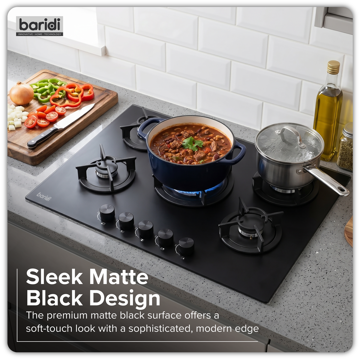 70cm Gas Hob Matt Black with 5 Burners, Cast Iron Supports & Auto Ignition 10.4kW DH384