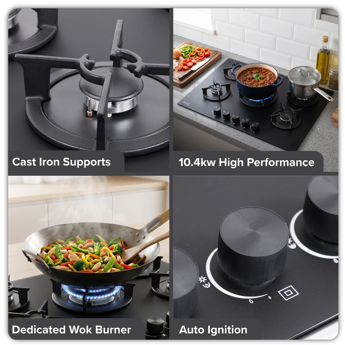 70cm Gas Hob Matt Black Glass with 5 Burners, Cast Iron Supports & Auto Ignition 10.4kW DH384