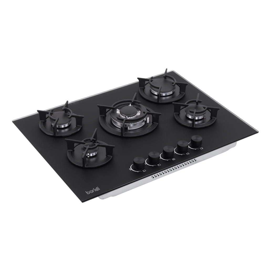 70cm Gas Hob Matt Black Glass with 5 Burners, Cast Iron Supports & Auto Ignition 10.4kW DH384