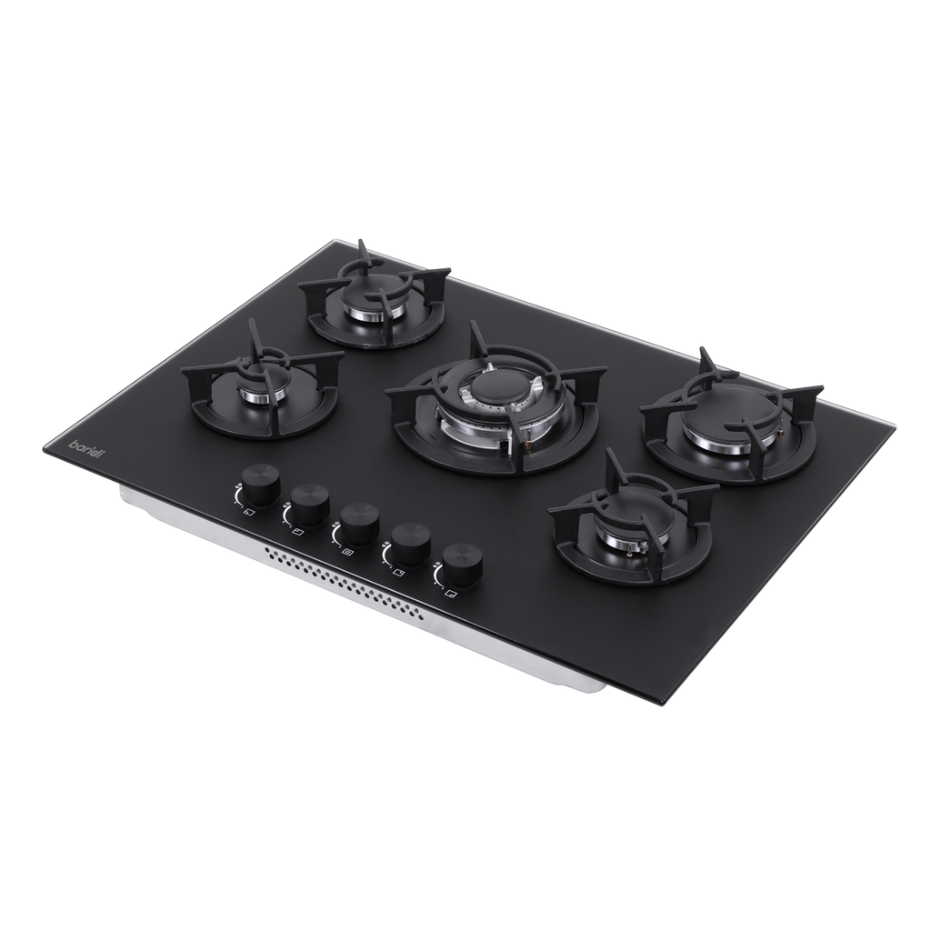 70cm Gas Hob Matt Black Glass with 5 Burners, Cast Iron Supports & Auto Ignition 10.4kW DH384