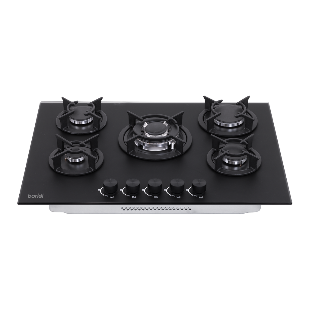 70cm Gas Hob Matt Black Glass with 5 Burners, Cast Iron Supports & Auto Ignition 10.4kW DH384