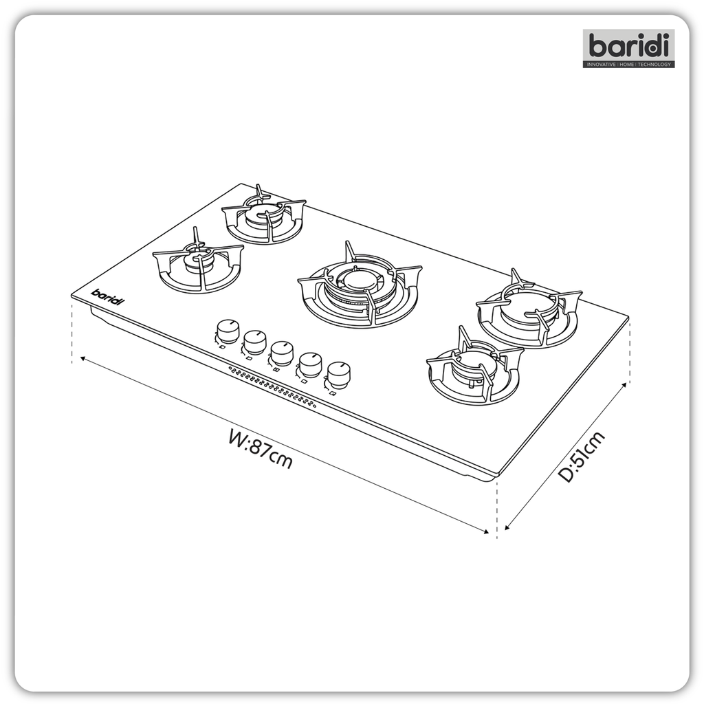 90cm Gas Hob Matt Black Glass 5 Burners Cast Iron Supports & Auto Ignition 10.4kW DH385