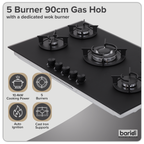 90cm Gas Hob Matt Black Glass 5 Burners Cast Iron Supports & Auto Ignition 10.4kW DH385